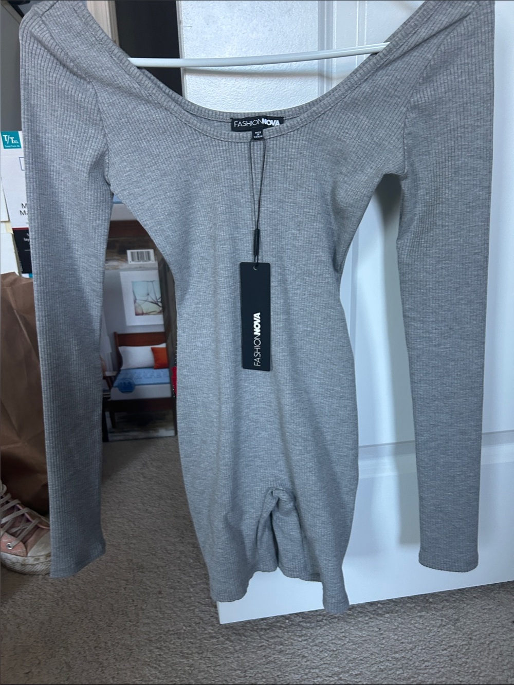 Fashion Nova Grey Ribbed Off-Shoulder Long Sleeve Bodysuit